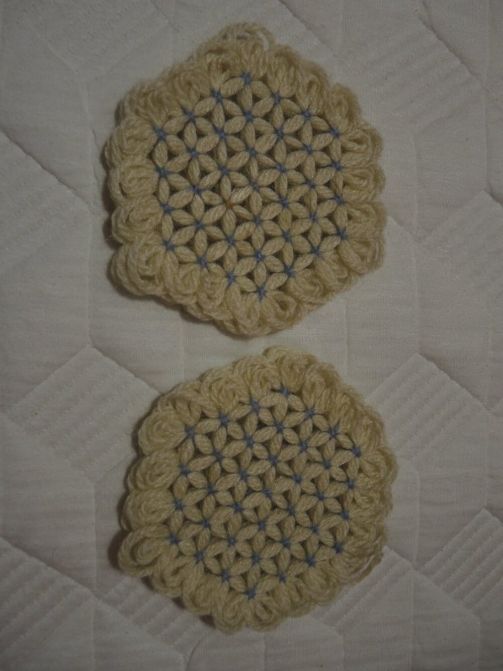 Pair of Crocheted Trivets Potholders Cream & Blue Hexagon 6" Diameter